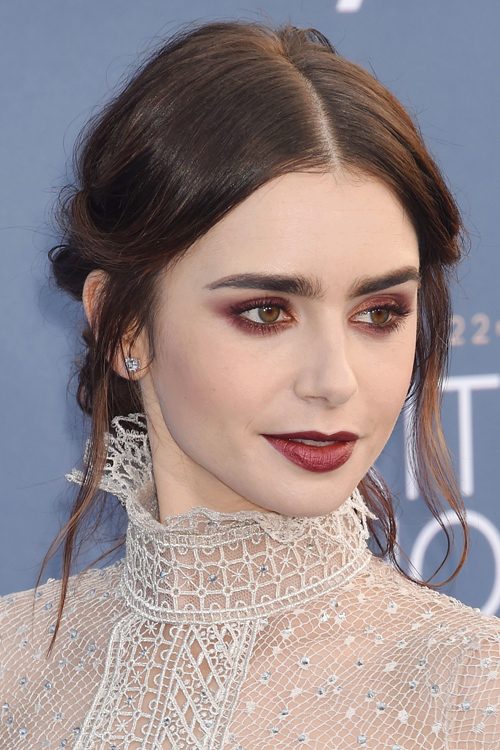 Lily Collins Wavy Dark Brown Face-Framing Pieces, Updo Hairstyle ...