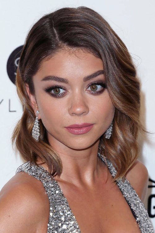 Sarah Hyland Wavy Dark Brown All-Over Highlights Hairstyle | Steal Her ...