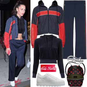Bella Hadid: Velvet Crop Hoodie, Blue Track Jacket | Steal Her Style