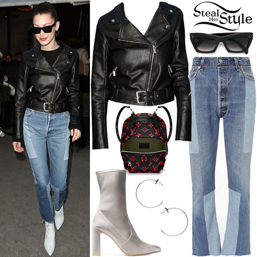 Bella Hadid: Leather Jacket, Patchwork Jeans | Steal Her Style