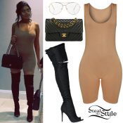 Chloe Ferry: Nude Unitard, Denim Knee Boots | Steal Her Style