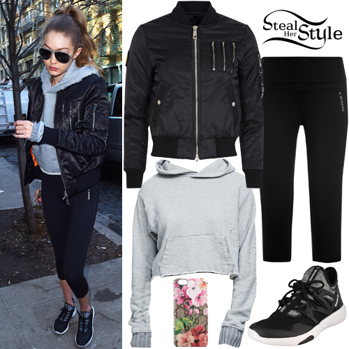 Gigi Hadid: Black Bomber Jacket, Crop Hoodie | Steal Her Style