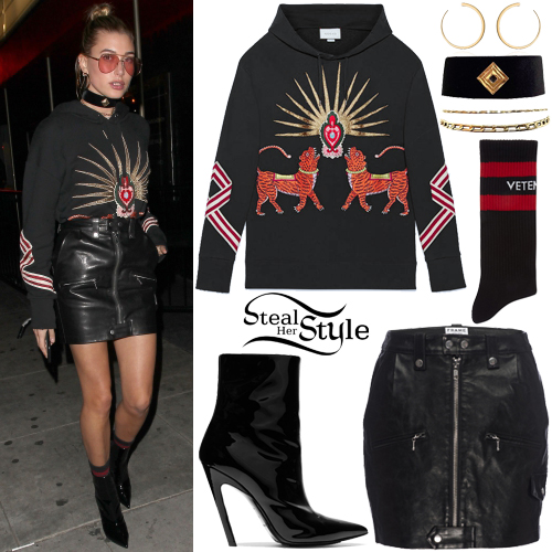 Hailey Baldwin: Embroidered Hoodie, Leather Skirt | Steal Her Style