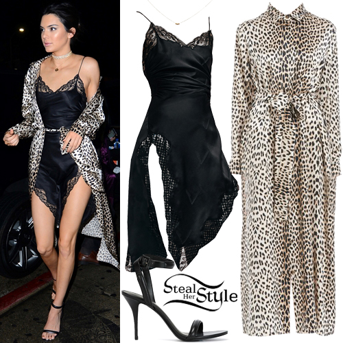Kendall Jenner: Leopard Coat, Black Slip Dress | Steal Her Style