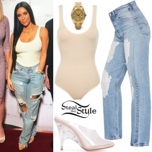 Kim Kardashian: Nude Bodysuit, Ripped Jeans | Steal Her Style
