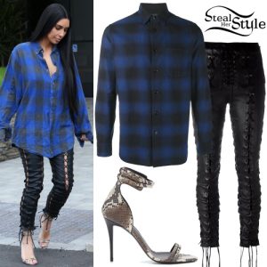 Kim Kardashian: Blue Checked Shirt, Leather Pants | Steal Her Style