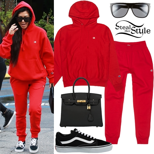 Kourtney Kardashian: Red Hoodie and Pants | Steal Her Style