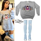 Ariana Grande: Malala Sweatshirt, Denim Boots | Steal Her Style