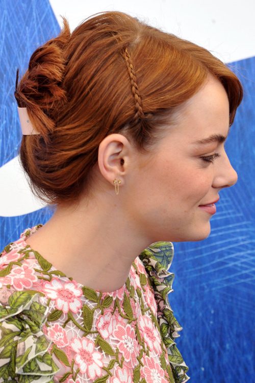 Emma Stone Straight Ginger Mini Braids Updo Hairstyle