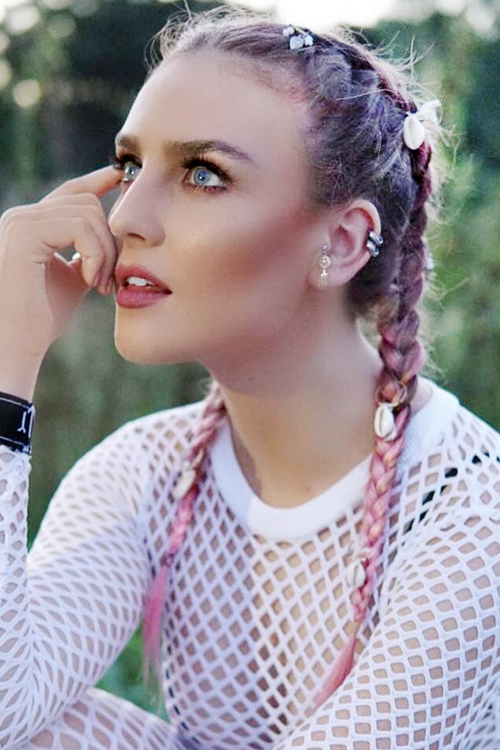 Perrie Edwards Straight Pink Dark Roots, Pigtail Braids 
