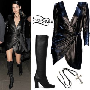 Bella Hadid: Black Leather Dress, Knee Boots | Steal Her Style