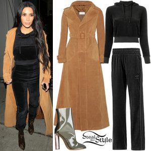 Kim Kardashian: Black Velvet Hoodie, Suede Coat | Steal Her Style