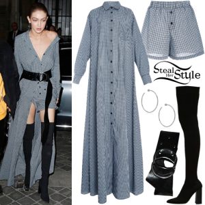 Gigi Hadid: Gingham Shirt Dress, Black Boots | Steal Her Style