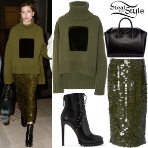 Hailey Baldwin: Olive Pullover, Sequin Skirt | Steal Her Style