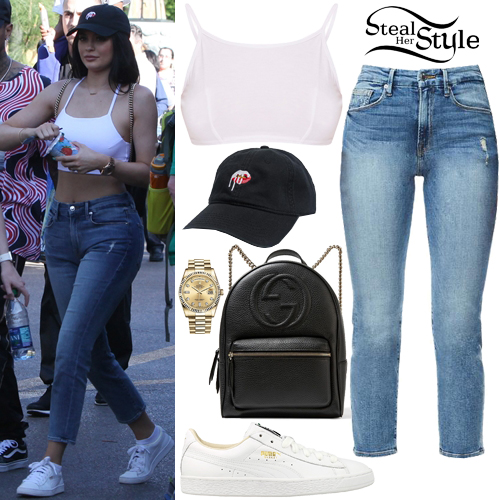 Kylie Jenner: White Bralet, Blue Crop Jeans | Steal Her Style