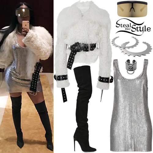 Nicki Minaj: Shearling Jacket, Metallic Dress