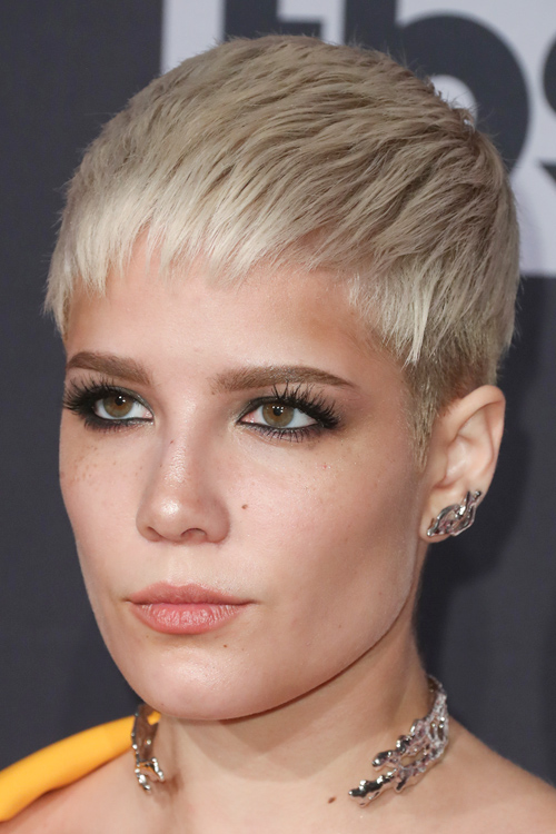 Halsey Straight Platinum Blonde Pixie Cut Hairstyle | Steal Her Style