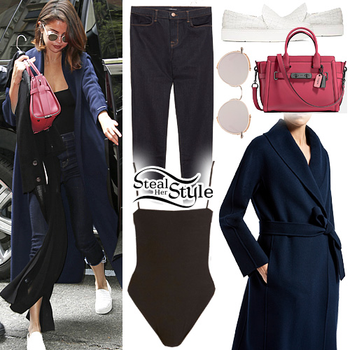 Selena Gomez: Navy Coat, Cropped Jeans | Steal Her Style