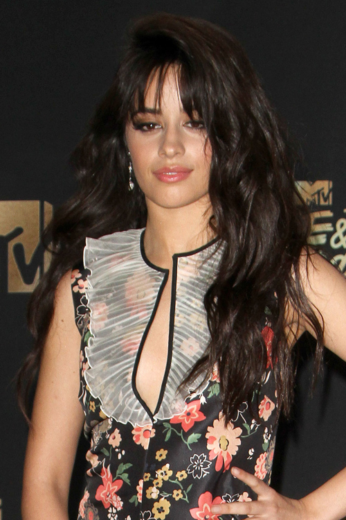 Camila Cabello Wavy Dark Brown Choppy Bangs, Side Part Hairstyle ...