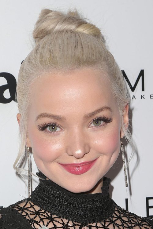 Dove Cameron Straight Platinum Blonde Bun Hairstyle Steal Her Style