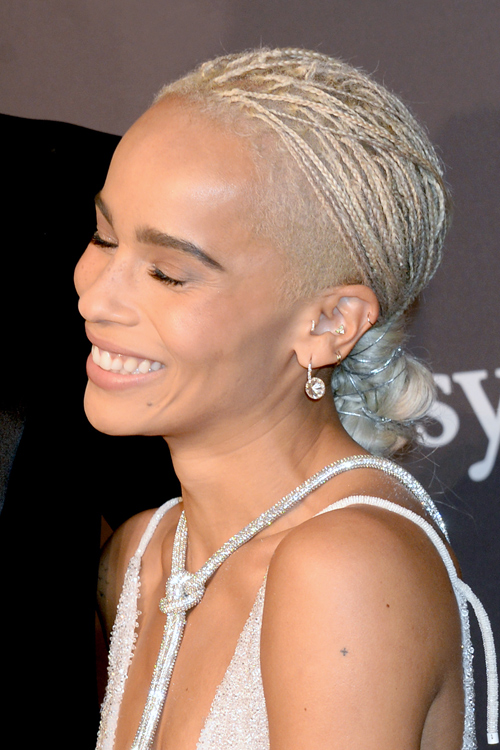 Zoë Kravitz Straight Silver Bun, Mini Braids, Undercut 