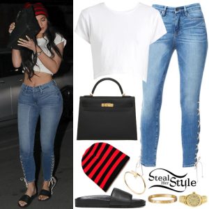 Kylie Jenner: White T-Shirt, Lace-Up Jeans | Steal Her Style