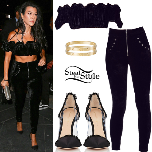 Kourtney Kardashian: Black Velvet Crop Top and Pants | Steal Her Style