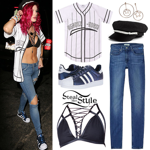Bella Thorne: Lace-Up Bralette, Ripped Jeans