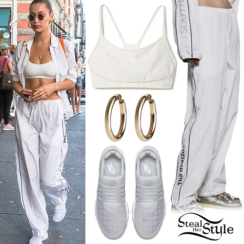Bella Hadid: White Track Pants & Crop Top | Steal Her Style
