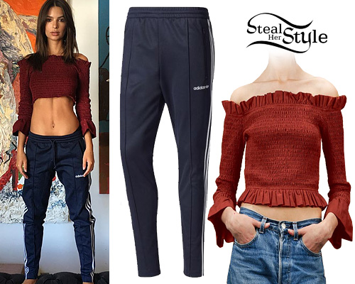 Emily Ratajkowski: Red Crop Top, Adidas 