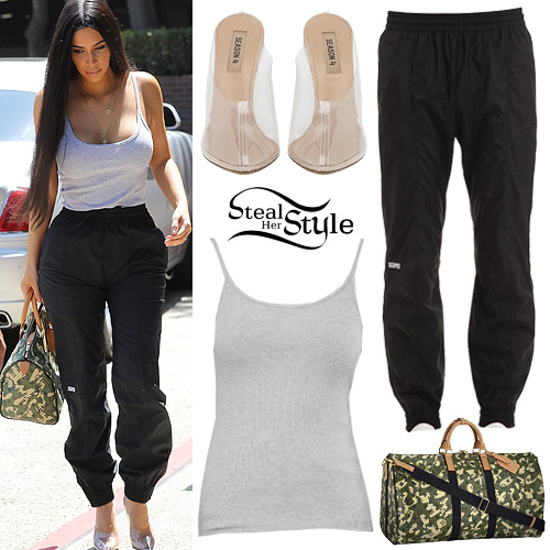 Kim Kardashian: Grey Cami, Black Track Pants | Steal Her Style