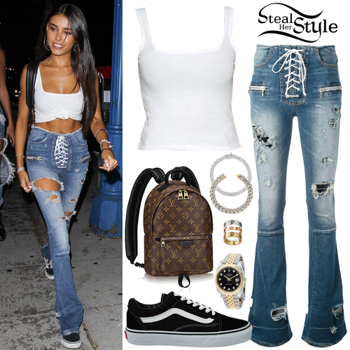 Madison Beer: White Top, Lace-Up Jeans | Steal Her Style