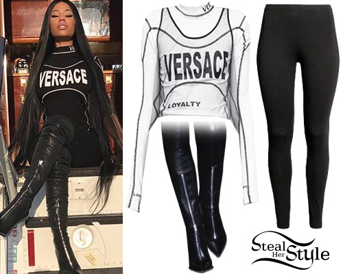 Nicki Minaj: Versace Top, Thigh-High Boots