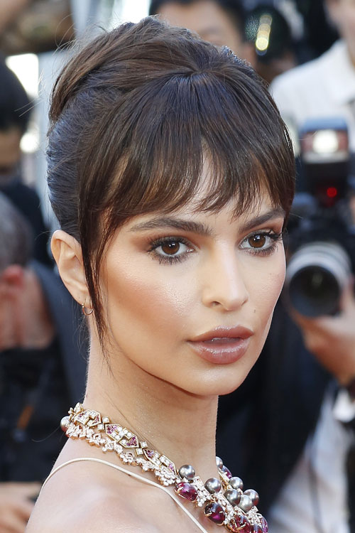 Emily Ratajkowski Straight Dark Brown Curved Bangs, Updo Hairstyle