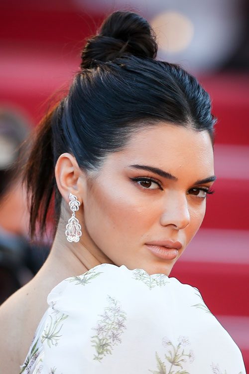 Kendall Jenner Straight Dark Brown Updo Hairstyle | Steal Her Style