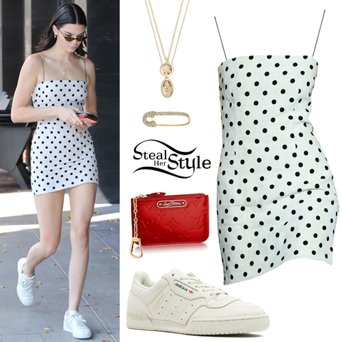 Kendall Jenner in white polka dot mini dress and black patent shoes in Rome  on June 4 ~ I want her style - What celebrities wore and where to buy it.  Celebrity Style