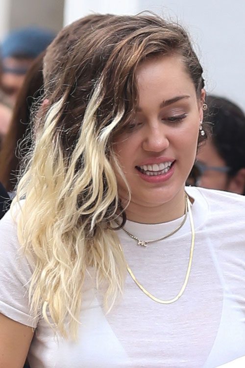 Miley Cyrus Wavy Dark Brown Angled Dip Dyed Side Part Two