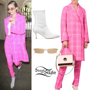 Gigi Hadid: Pink Plaid Jacket and Pants | Steal Her Style