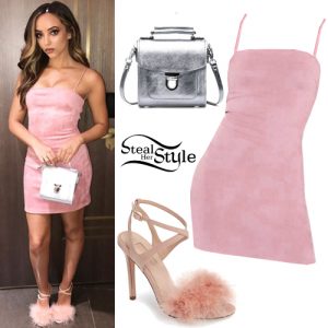 Jade Thirlwall: Pink Suede Dress, Feathered Sandals | Steal Her Style