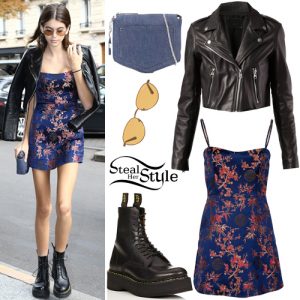 Kaia Gerber: Blue Printed Dress, Leather Jacket | Steal Her Style