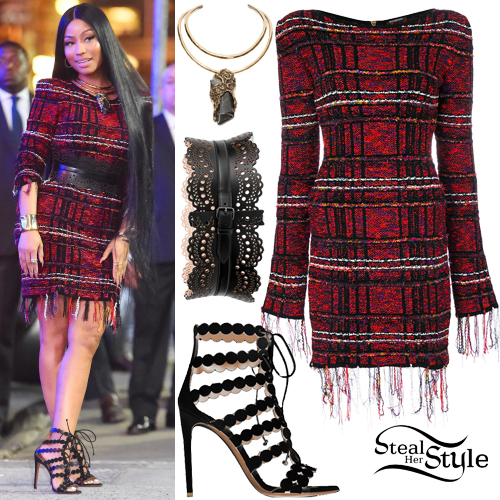 Nicki Minaj: Red Tweed Dress, Caged Sandals