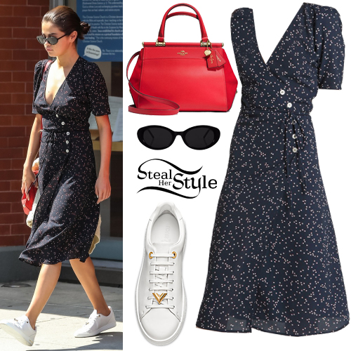 Selena Gomez: Dots Print Midi Dress, White Sneakers | Steal Her Style