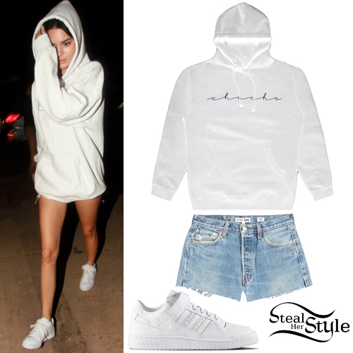 Kendall Jenner: White Hoodie, Denim Shorts