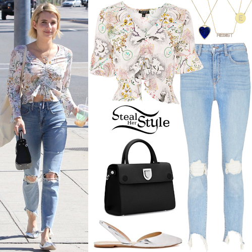 Emma Roberts: Floral Ruched Blouse, Ripped Jeans | Steal Her Style