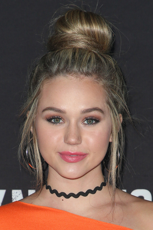 Brec Bassinger Straight Light Brown All Over Highlights Bun Hairstyle Steal Her Style