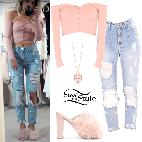 Gabriella DeMartino: Pink Crop Top, Embellished Jeans | Steal Her Style