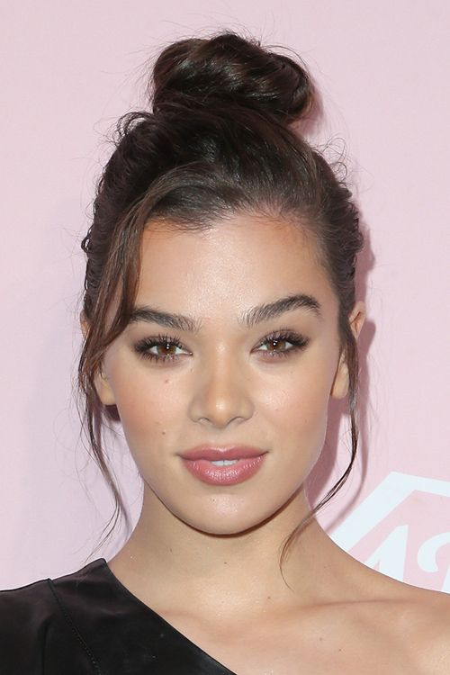 Hailee Steinfeld Wavy Dark Brown Bun, Face-Framing Pieces 