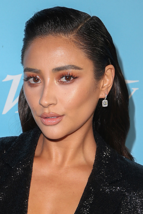 Shay Mitchell Straight Dark Brown Slicked Back Hairstyle | Steal Her Style