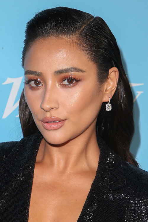 Shay Mitchell Straight Dark Brown Slicked Back Hairstyle 