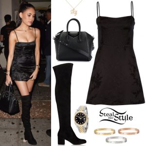 Madison Beer: Black Mini Dress, Suede Knee Boots | Steal Her Style